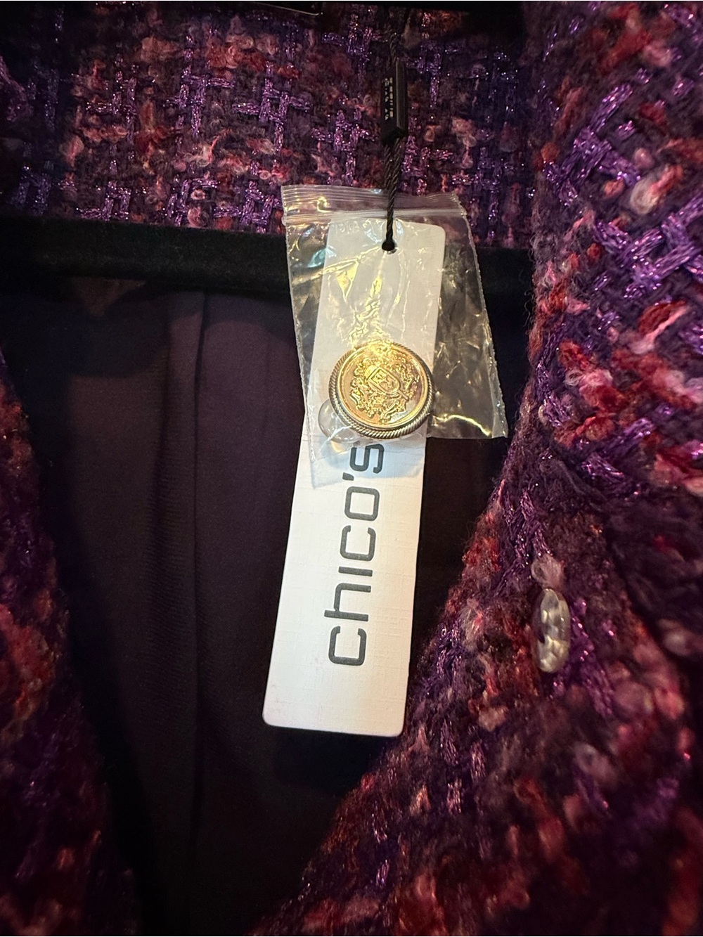 Chico's Purple Metallic Tweed Fringe Jacket with Gold Buttons - New with tags - Picture 4 of 4